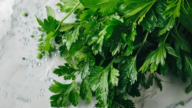 Fresh parsley with water droplets on marble surface, culinary and freshness concept