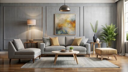Fototapeta premium Cozy modern living room showcased a grey sofa, armchair, and ottoman before a light grey wall featuring abstract