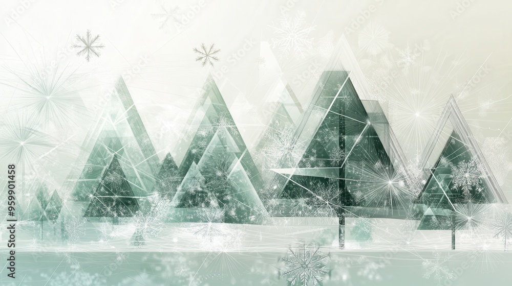 Poster Abstract Christmas trees of triangular shapes fill a winter forest, surrounded by snowflakes and a serene atmosphere, evoking holiday warmth. Generative AI