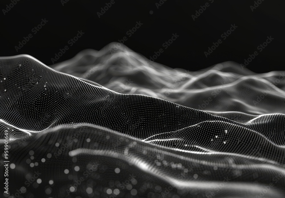 Poster waves with particles on a black background. futuristic background with low poly spheres. design for 