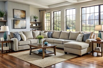 Fototapeta premium Cozy up in this inviting living room, featuring a modern sectional sofa with plush pillows and stylish accents,
