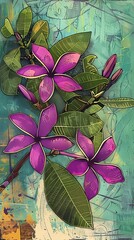 purple flowers on a green branch pattern illustration poster background