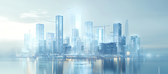 Modern city skyline with construction, symbolizing innovation and progress.