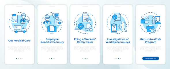 Workmens compensation claim blue onboarding mobile app screen. Walkthrough 5 steps editable graphic instructions with linear concepts. UI, UX, GUI template. Montserrat SemiBold, Regular fonts used