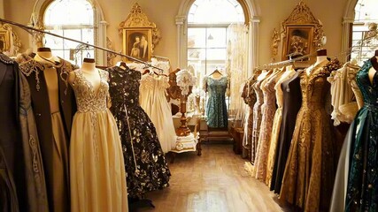 Vintage boutique with elegant dresses displayed on mannequins in a luxurious, classic interior