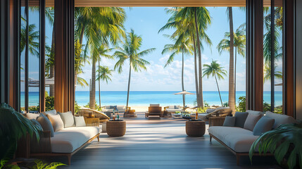 Fototapeta premium Serene hotel room with ocean view and luxurious balcony seating