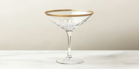 Crystal martini glass with gold rim on marble.