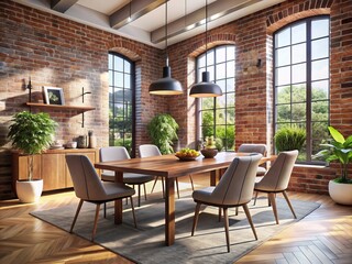 Fototapeta premium Stylish dining room with brick walls, modern furniture, and natural light streaming through windows