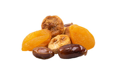 Pile of dry fruits isolated on white. apricot, fig, date