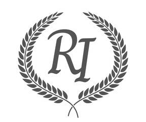 Initial letter R and I, RI monogram logo design with laurel wreath. Luxury calligraphy font.