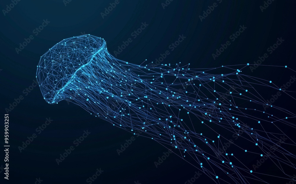 Poster using jellyfish to form lines, triangles, and particle style designs.