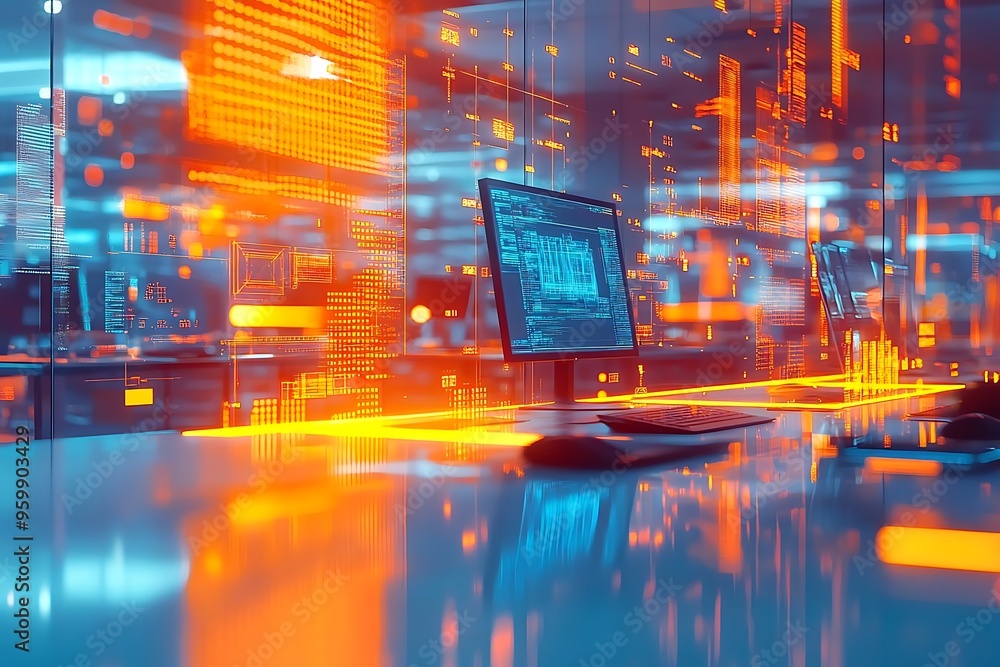 Poster 3d illustration of modern technology data analysis center with digital code