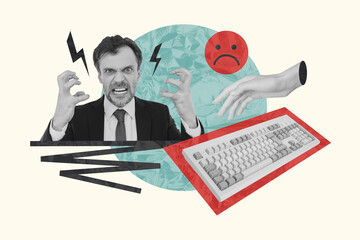 Composite photo collage of upset angry businessman cyberbully bad smiley hacked computer keyboard...