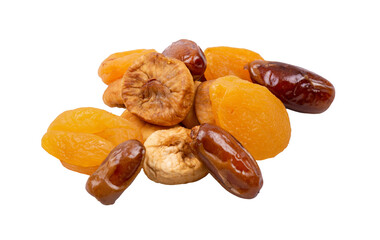 Pile of dry fruits isolated on white. apricot, fig, date
