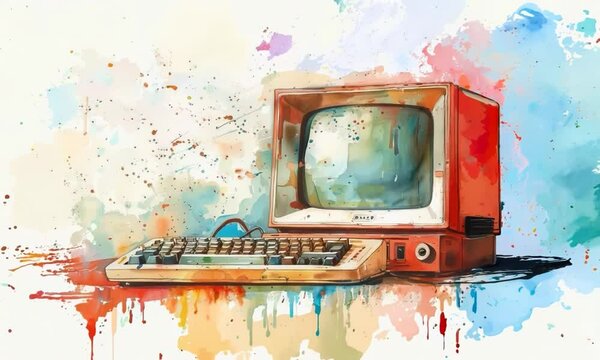 A watercolor painting of a vintage computer with a CRT monitor and a keyboard, its nostalgic charm evoking memories of early computing days. 4K Video
