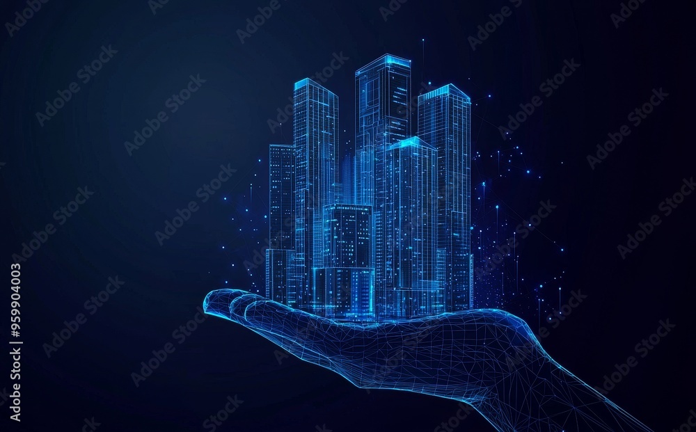 Poster illustration of hands holding blue print with architect's form lines, triangles and particle style d