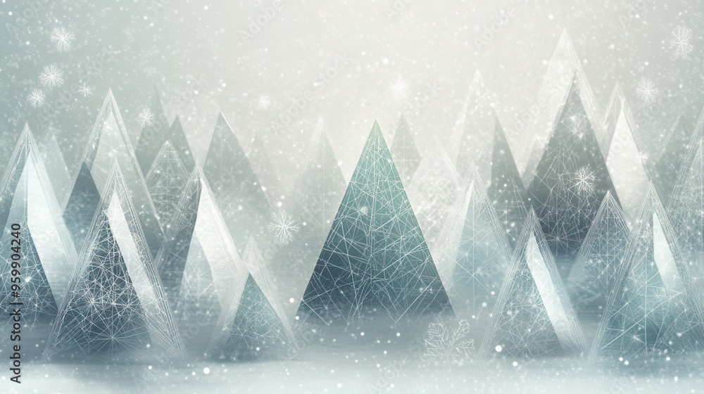 Poster A tranquil winter forest features Christmas trees crafted from abstract geometric triangles of different sizes, creating a serene atmosphere. Generative AI