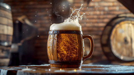 splash of beer from a wooden mug, set against a rustic backdrop of brick walls and wooden beams, capturing a warm, inviting atmosphere