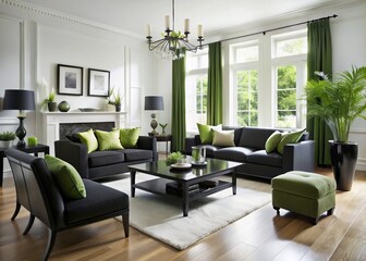 Fototapeta premium Elegant black accents and crisp white walls provide a soothing foundation for this serene living room, where vibrant