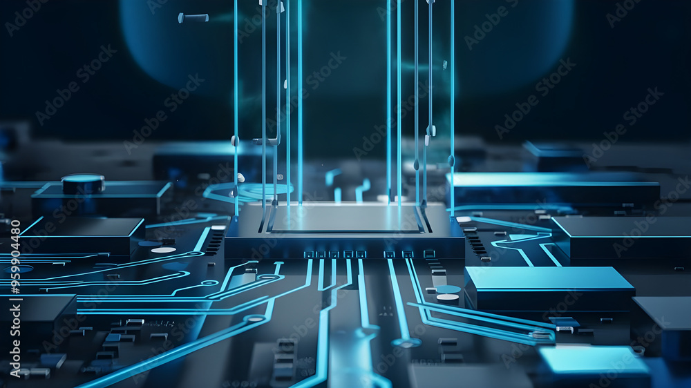 Poster futuristic circuit board with central processor. a captivating image of a complex circuit board, sho