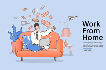 man sitting on sofa, working at home
