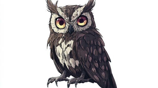 Cartoonized owl exuding wisdom and observant nature in comfortable sitting pose