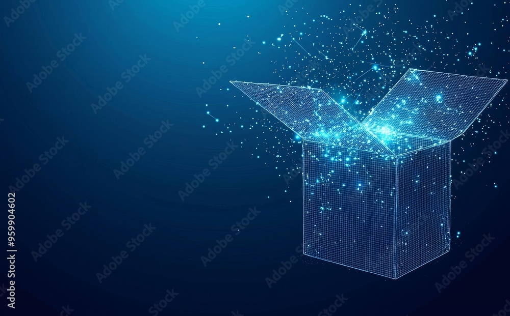 Poster design based on open boxes, triangles, and particles. illustration in modern style.