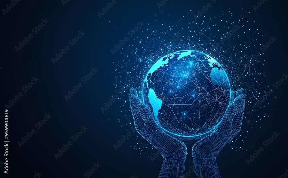 Poster design of lines, triangles and particles created by hands touching a globe. illustration modern in s