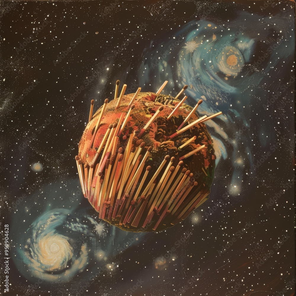 Poster a spherical planet-like object wrapped in matchsticks, surrounded by a cosmic scene with swirling ga