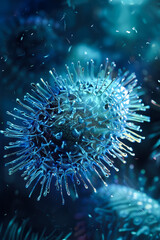 Fototapeta premium Detailed virus structure under a microscope, emphasizing the contagious nature of the monkeypox outbreak