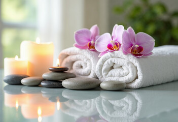 Serene spa scene with rolled white towels, delicate orchids, candles, and smooth stones on a reflective surface, featuring soft candlelight and a calm, inviting atmosphere.







