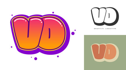 VO logo design for festival or party. Initial letter v and o in graffiti style. Creative modern lettering company name of font typography. Kids trendy logotype or identity.