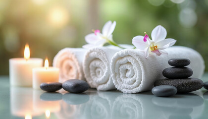 Serene spa scene with rolled white towels, delicate orchids, candles, and smooth stones on a reflective surface, featuring soft candlelight and a calm, inviting atmosphere.







