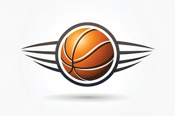 A modern, sleek, and minimalist white basketball logo design featuring a stylized ball and hoop silhouette against a clean white background, conveying speed and movement.
