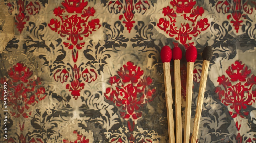Poster a set of oversized matches with red tips is positioned against a vibrant and intricate red and black