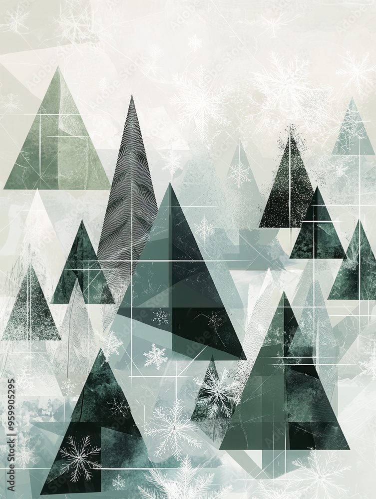 Aufkleber The artwork displays a whimsical winter forest filled with abstract geometric Christmas trees crafted from various triangles in different sizes. Generative AI