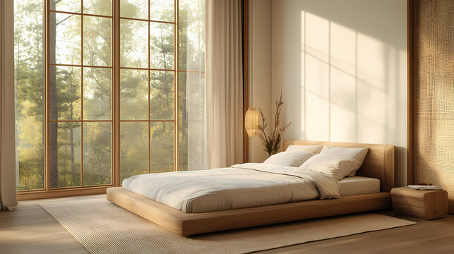 Serene minimalist bedroom with Japandi design and natural light.