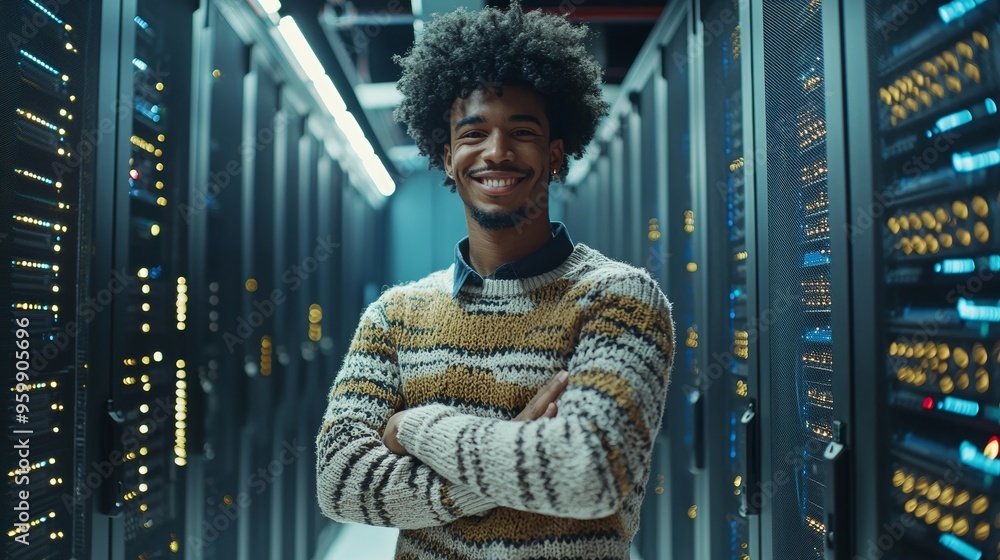 Poster it engineer with a bearded head and crossed arms posing in middle of a rack of server computers in a