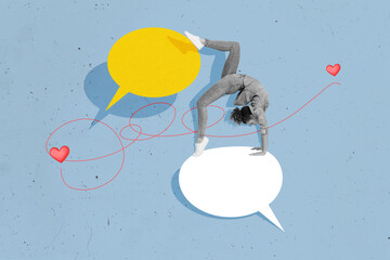 Creative template collage poster of girl doing acrobatics on social media app speech bubble