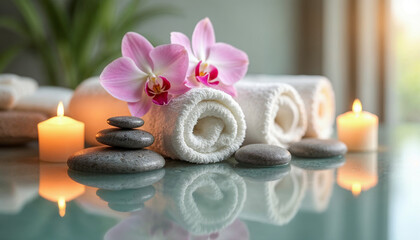 Serene spa scene with rolled white towels, delicate orchids, candles, and smooth stones on a reflective surface, featuring soft candlelight and a calm, inviting atmosphere.







