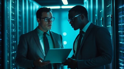 Black male engineer and bearded IT technician use laptops jointly in data center while running diagnostics or doing maintenance.