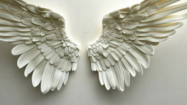 White angel wings sculpture on wall, minimalist design. Artistic decor and inspiration concept
