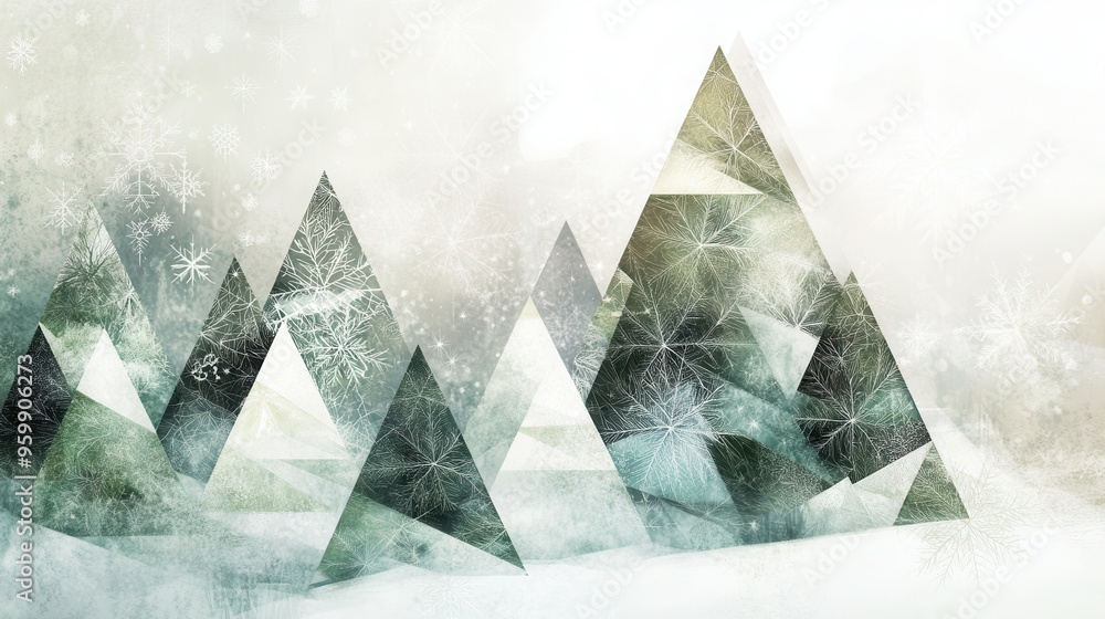 Poster Delicate geometric shapes create a winter wonderland with Christmas trees of differing sizes in a serene snowy forest setting. Generative AI