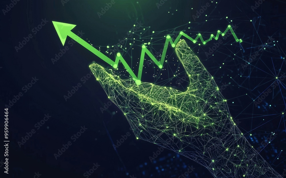 Poster a growing graph and hand are created with lines, triangles, and particles. illustration modern.