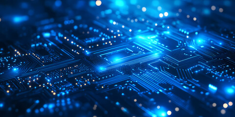 Fototapeta premium Abstract blue glowing circuit board with chips and transistors