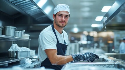 Young man thoroughly cleaning a spotless commercial kitchen with spotless stainless steel counters and shiny appliances under bright lighting. Professional cleaner is scrubbing the surface.