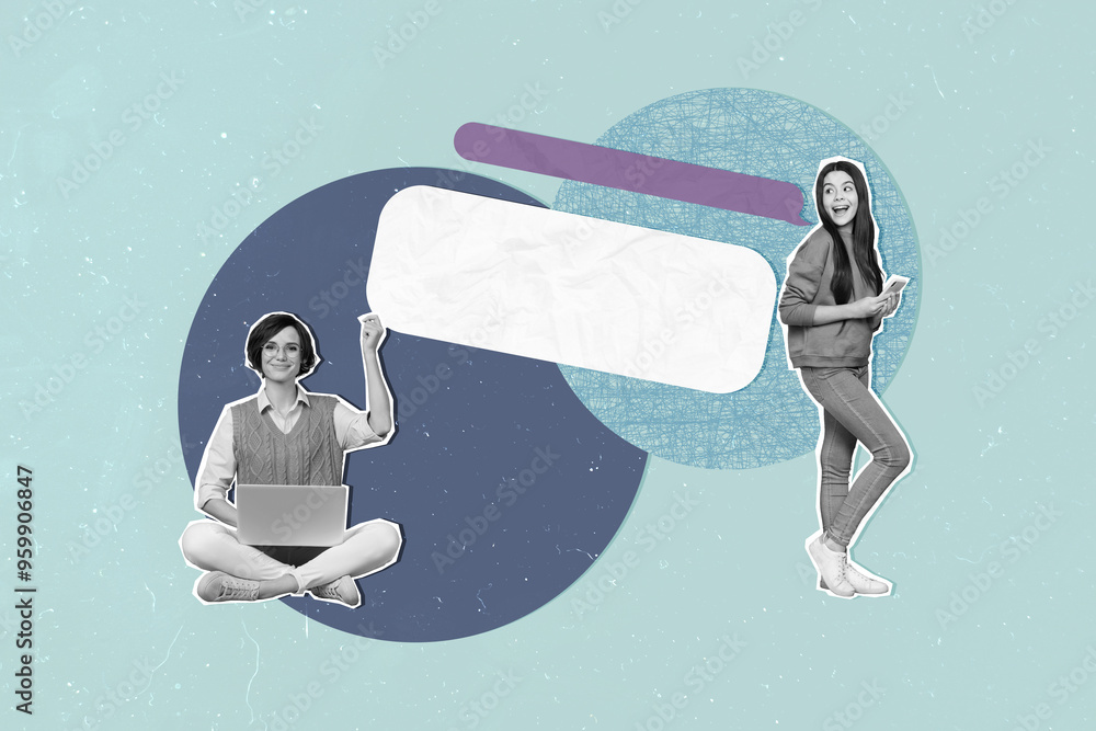 Poster poster banner collage image of two people use gadget speak with speech bubble on blue color backgrou