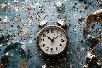 A clock surrounded by glittering confetti and metallic stars, with ribbons of silver and gold flying around it on a grey background
