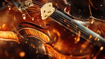 A close-up of a violin with musical notes seemingly emerging from the strings, visualizing sound...