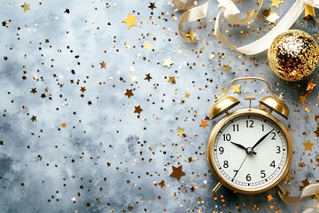 A clock surrounded by glittering confetti and metallic stars, with ribbons of silver and gold flying around it on a grey background